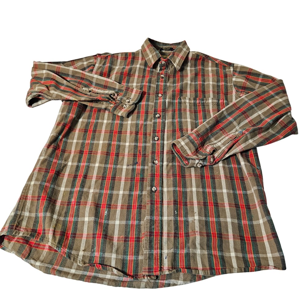 VTG Osh Kosh Bgosh Mens Flannel Plaid Button Down‎ Shirt XL Paint Distress